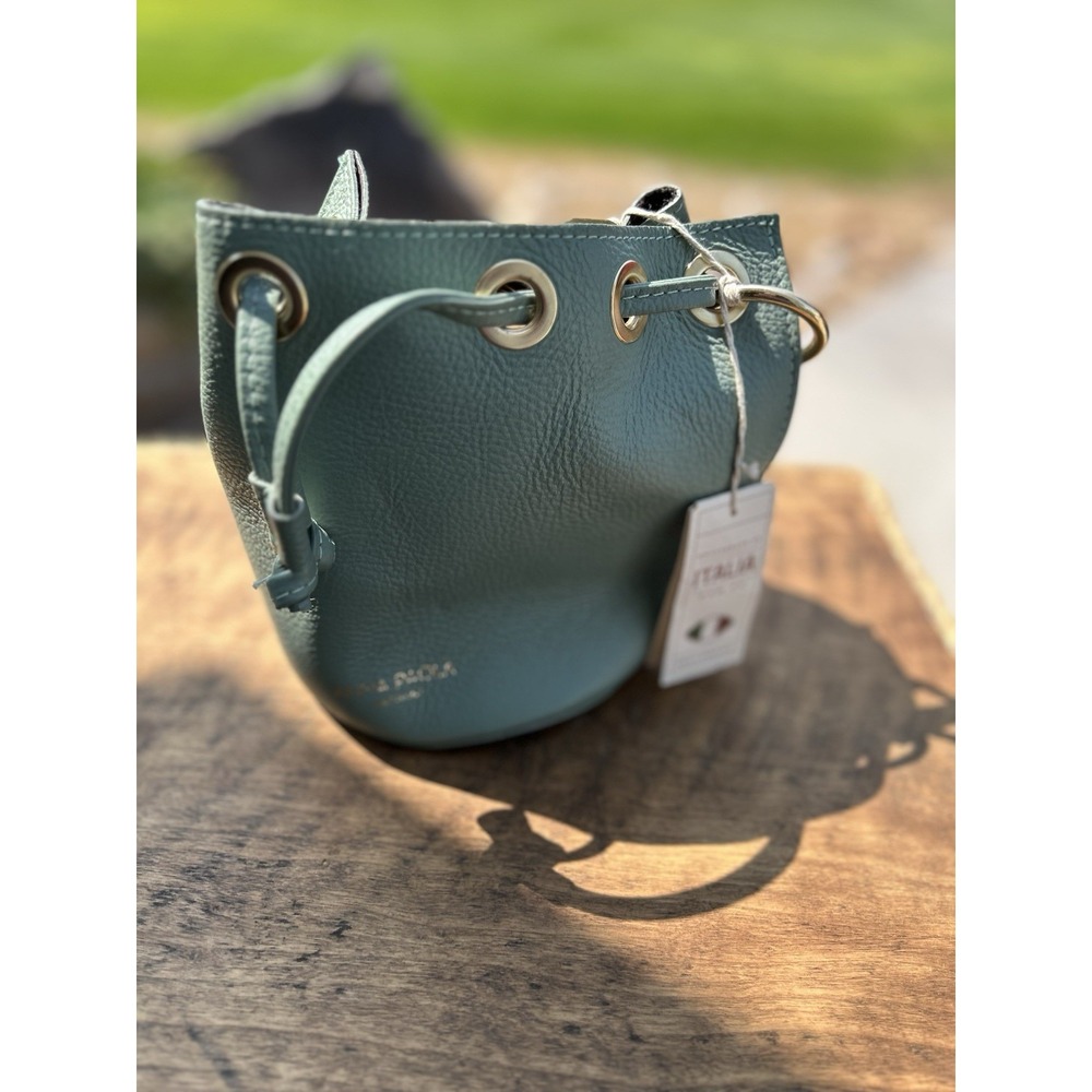 Anna Paola Genuine Leather Mini Bucket Bag Green Made In Italy NWT Chain Strap